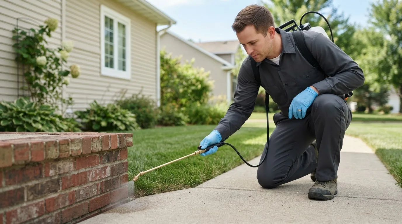 Pest control technician treating a home near Frederic, MI