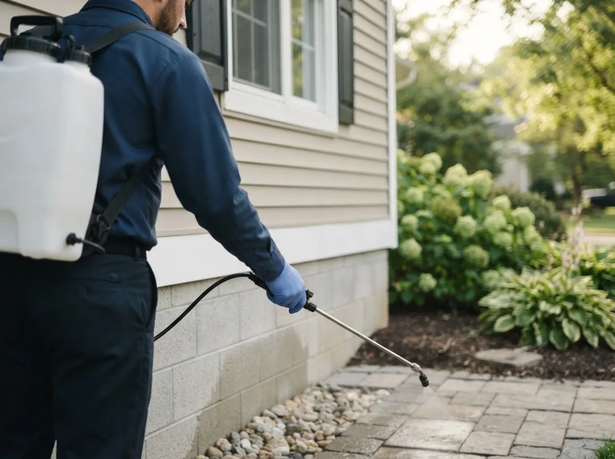 Pest control technician inspecting a home in Frederic, MI